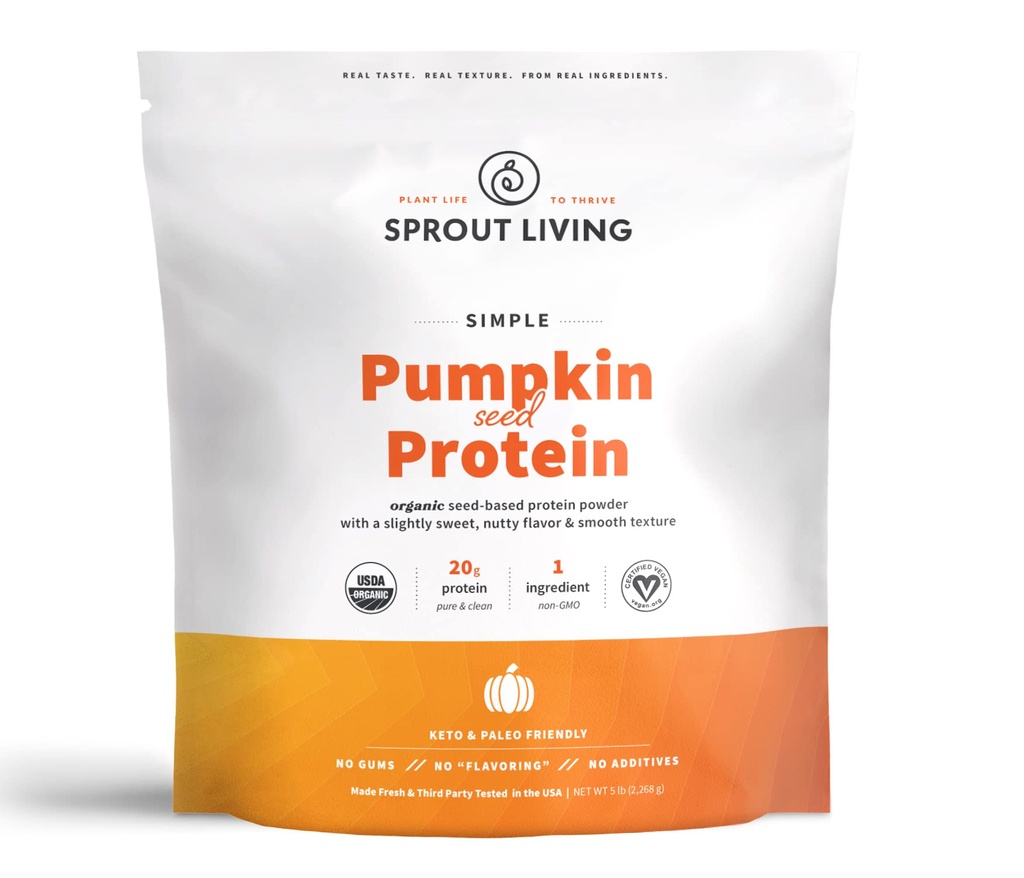 Sprout vivendo simples abóbora semente proteína em pó, 20 Grams orgânico planta base proteína em pó sem adoçantes artificiais, Não lácteos, Não-GMO, Vegan, Sem glúten, Keto bebida Mix (5 libras)
