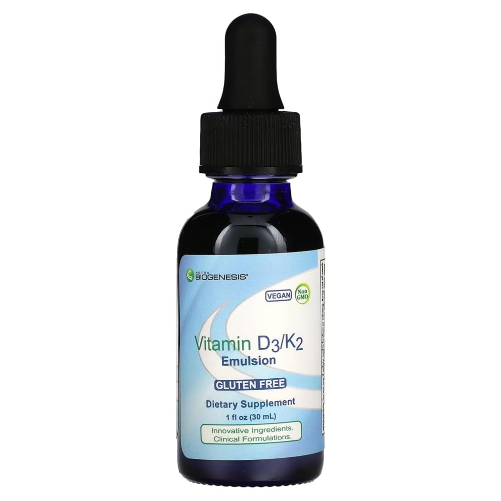 Nutra Biogênese Vitamina D3/K2 Emulsão - Vitamina D líquida gotas com óleo MCT, D3 K2 Suplemento para adultos e crianças, Dropper de óleo sublingual para mulheres e homens - 1 frasco de Oz Fl (30 ml)