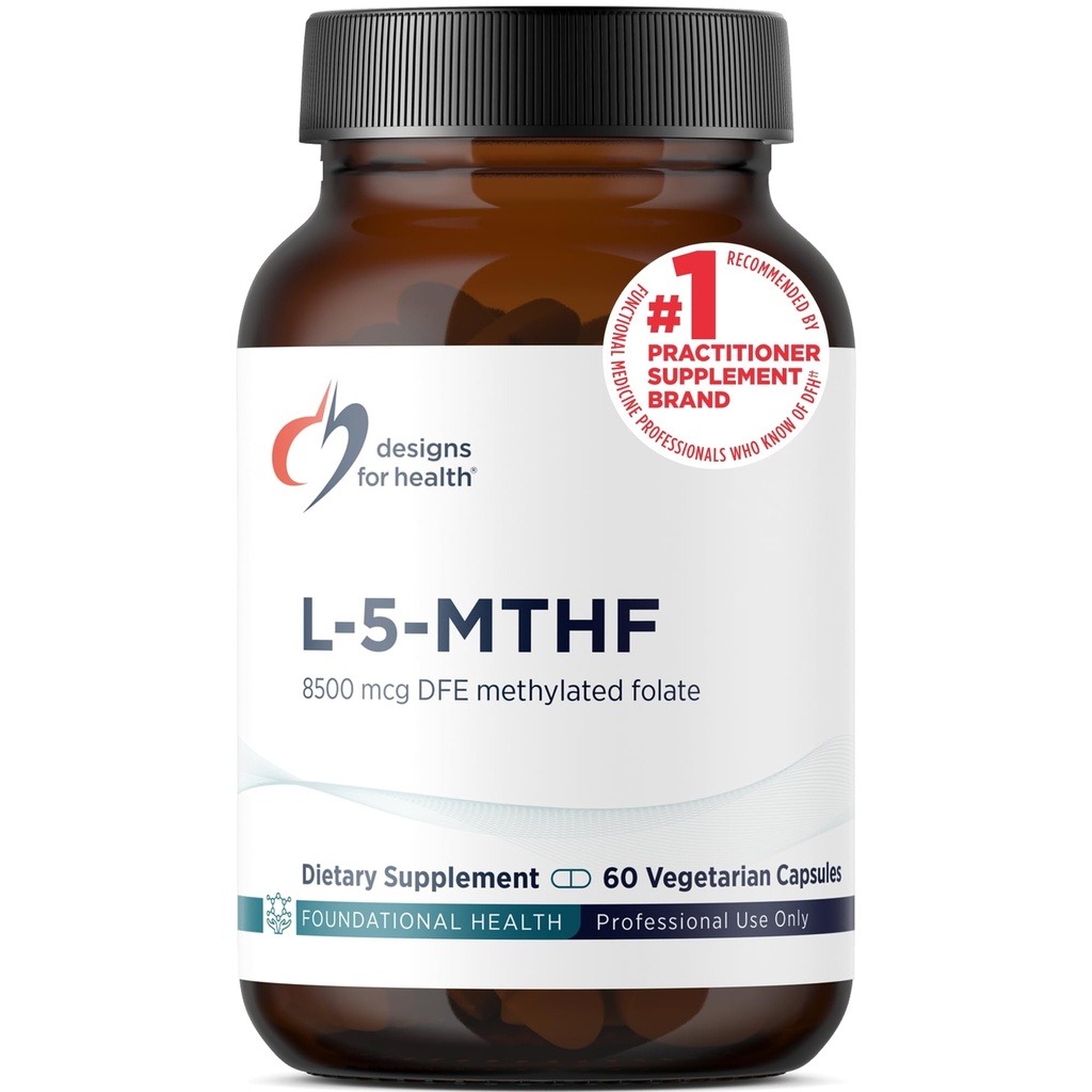 Designs para a saúde L 5-MTHF - Quatrefolic L Suplemento de metilfolato 5mg (8500 DFE) - Suplemento de folato metilado para mulheres e homens - Suporta metilação - Não-GMO, sem glúten (60 cápsulas)