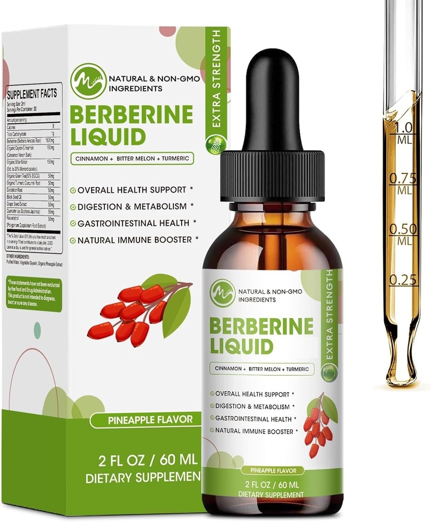 Berberine Supplement Liquid Drops, Berberine com canela de ceilão, Açafrão, Resveratrol, Melão amargo, & Suplemento Vegan mais-extra força, Suporta sistema imunológico e sistema digestivo