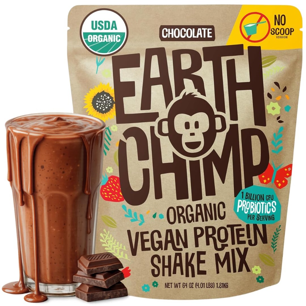 TerraChimp Organic Vegan Protein Powder - com Probióticos - Não OGM, Leite Livre, Não Whey, Planta Based Protein Powder for Women and Men, Gluten Free - 52 Servings 64 Oz (Chocolate) No Scoop