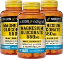 Gluconato de magnésio natural de Mason 550 mg, suprimento de 300 dias para suporte normal do coração saudável e sistema nervoso, 100 comprimidos (Pacote de 3)