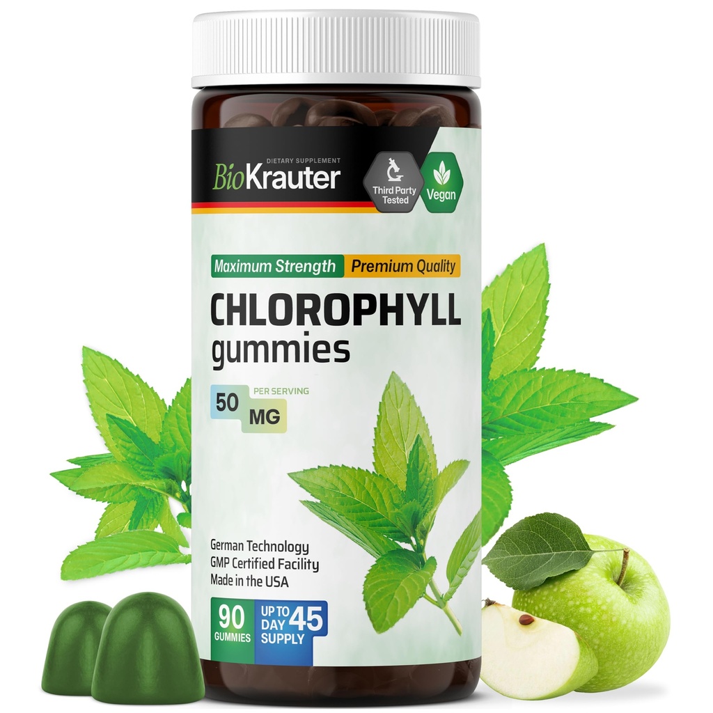 BIO KRAUTER pastilhas de clorofila - 90 Mastiga - Suplementos de clorofila - Natural Pele & Detox Suporte - Vegan, Base de pectina, Não-GMOs mastiga