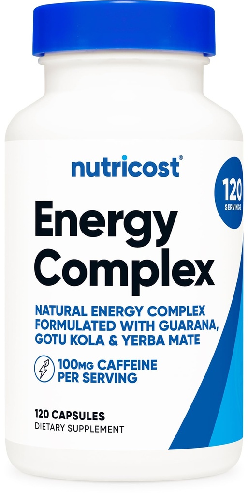 Pílulas de Energia Natural Nutricost Complexo 120 Cápsulas, 100mg Cafeína - Gluten Free - Non-GMO