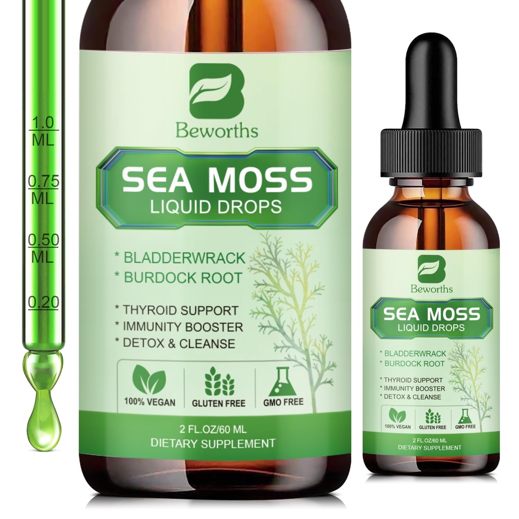 Sea Moss Liquid Drops - Orgânico Irish Sea Moss Gel com espirulina, Bladderwrack, Burdock Root, Seamoss Gel Suplemento para Joint, Detox Cleanse & Digestion Support - 2 Fl Oz, Vegan