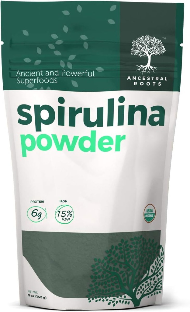 Raízes ancestrais - espirulina orgânica em pó (5 onças) USDA Certificado Vegan Spirulina em pó I 100% Puro Superfood para Optimal Health & Imune Support.