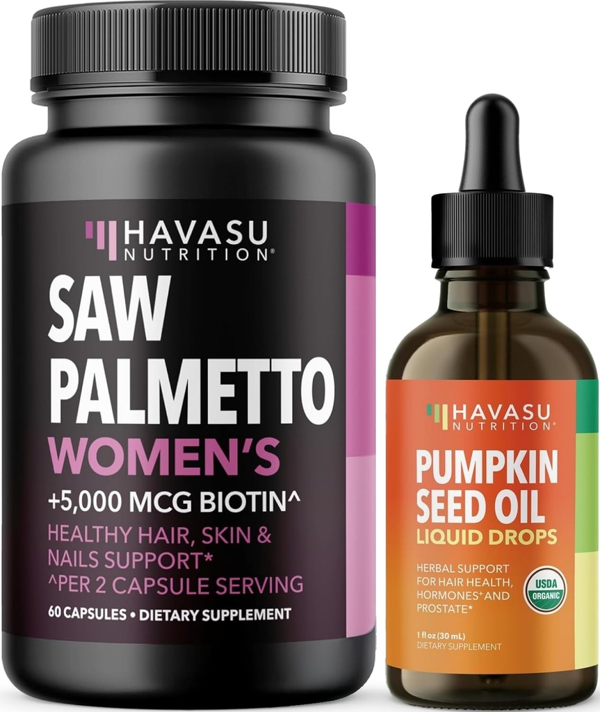 NUTRIÇÃO HAVASU USDA Oil Drops de semente de abóbora orgânica (60 Servings) & Saw Palmetto para mulheres Complexo do cabelo (30 Servings)