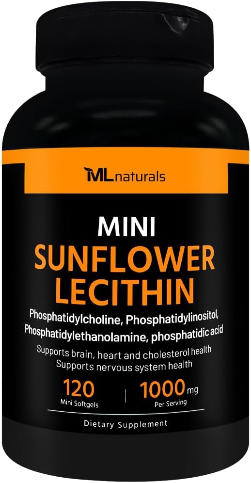 ML Naturals Mini Lecitina de girassol 1000 mg 120 Softgels, Fácil de engolir, Suporta a saúde do cérebro. Não- OGM, NSF- certificado e cGMP- compatível