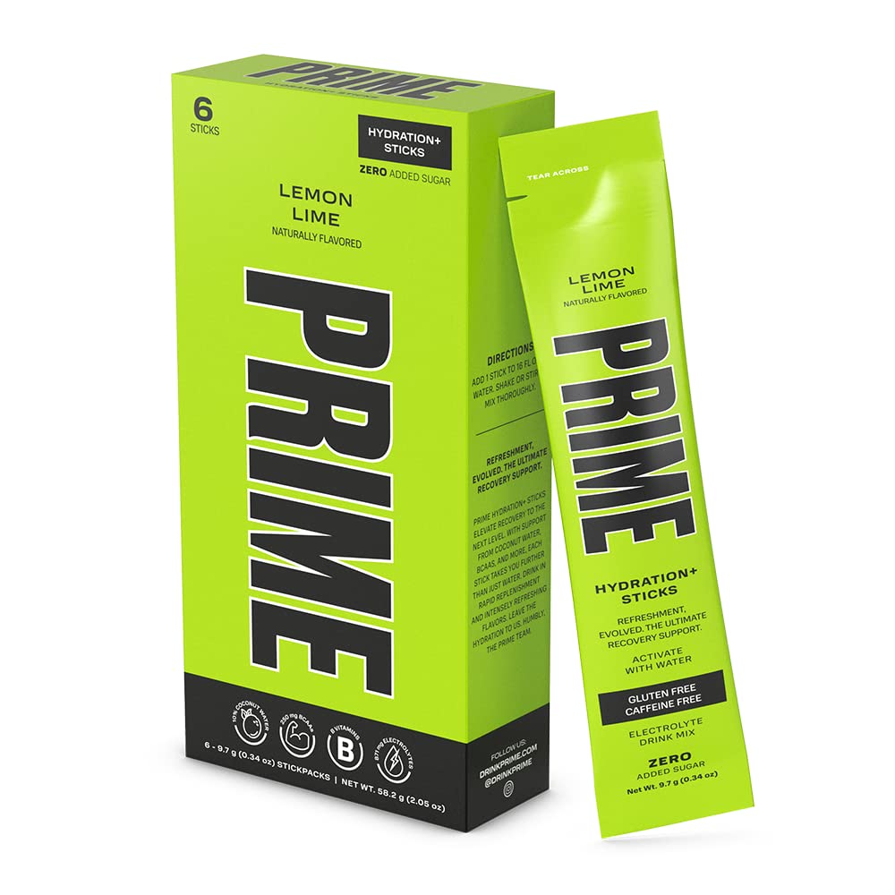PRIME HIDRATION+ Varetas Limão Limão Limão Lime □ Hydration Pó Único Servir Varas □ Pó de Eletrólito na Go □ Baixo Açúcar □ Cafeína-Free □ Vegan 6 Varetas