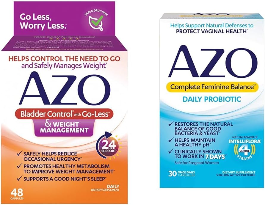 Controle de bexiga AZO com Go-Less® e gerenciamento de peso Suplemento dietético e equilíbrio feminino completo Probióticos diários para mulheres, clinicamente comprovadas para ajudar a proteger