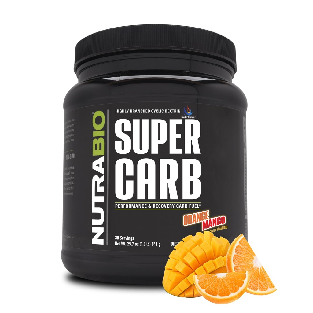 NutraBio Super Carb, Pó carboidratado com cluster Dextrina e Eletrólitos, Pó Suplemento de Carbo Avançado para Combustível de Trabalho, Desempenho e Recuperação Músculo, Dextrina Cíclica, Mango Laranja, 30 Sv