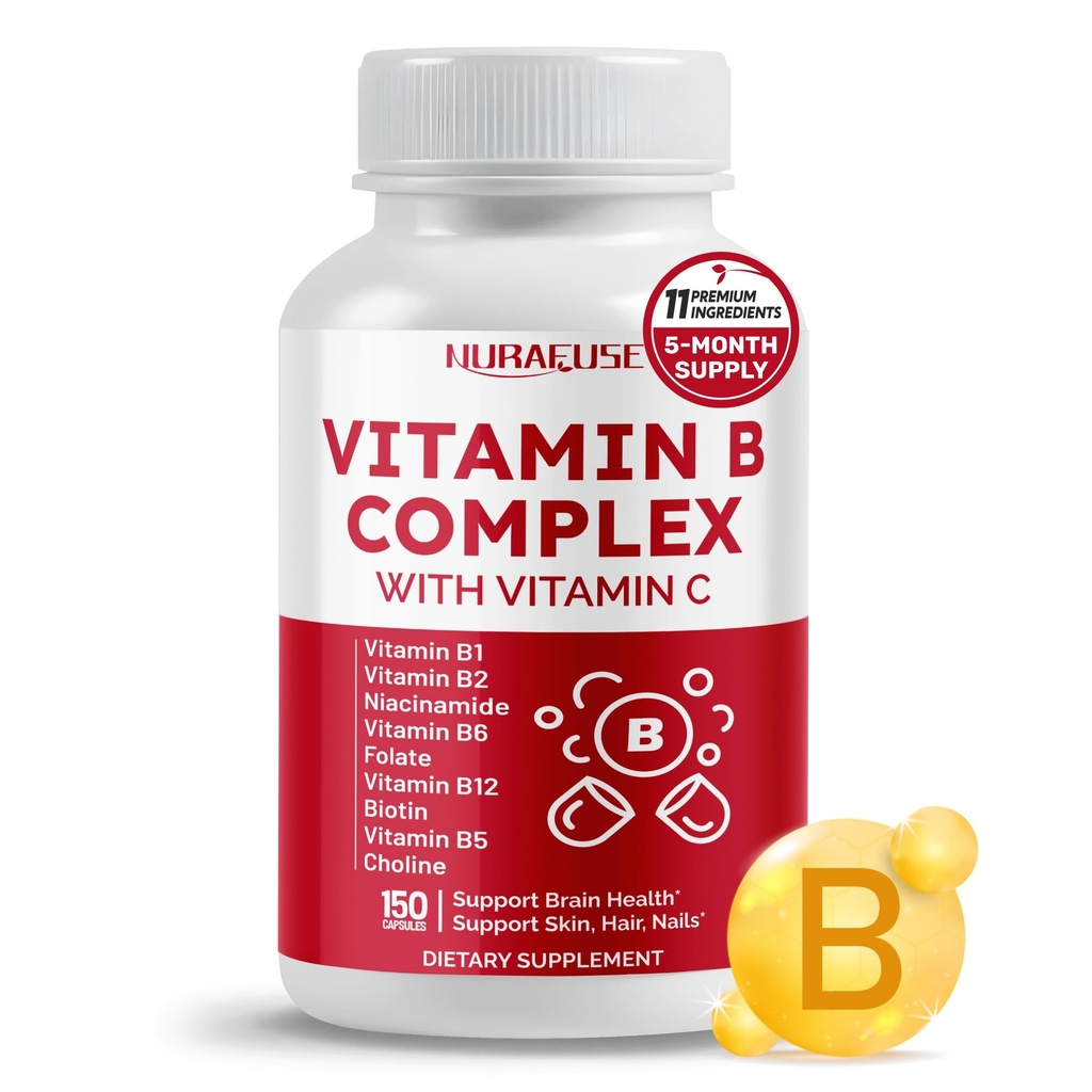 Vitamina B Complexo Vitamina B1, B2, 6, 9, 12 Niacina, com Vitamina C - Apoio à Saúde do Cérebro, Níveis de Energia, Pele, Cabelo e Unhas
