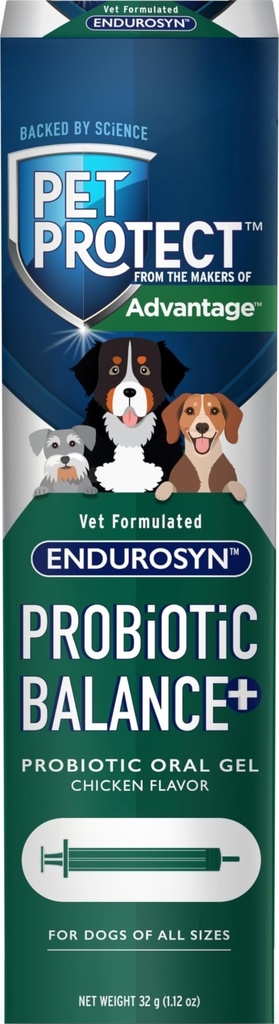 Equilíbrio probiótico do cão de proteção + Gel oral, Endurosyn, prebióticos e probióticos para cães, suprimentos de 3 dias, sabor de frango (32g)