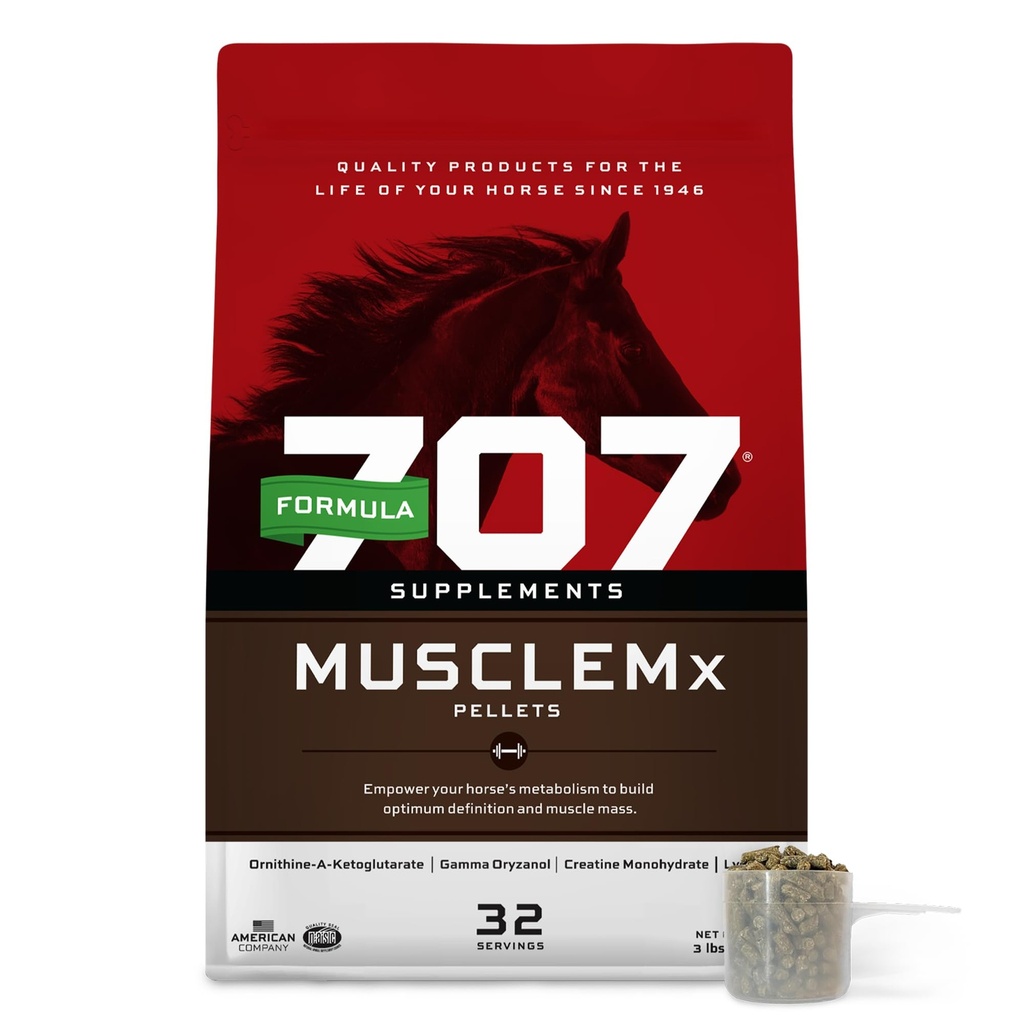 Fórmula 707 MuscleMx Equine Supplement, 3lb Bag – Condicionamento Suporte e Muscle Builder para cavalos com Lisina, Gamma Oryzanol, Creatina & OKG
