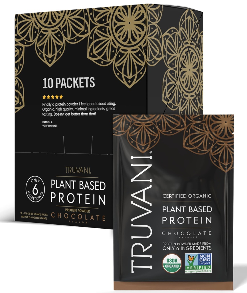 Truvani Vegan proteína de ervilha em pó (chocolate) 20g proteína baseada em plantas orgânicas (Single Serving Travel Packets) 10 Servings (Single Serving Travel Packets)