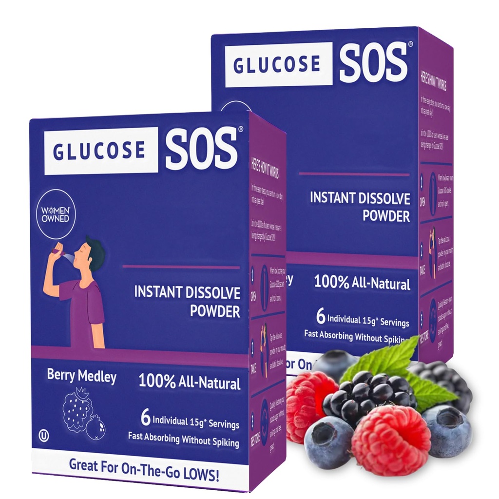 Glicose SOS Embalagens em pó de glucose com dextrose natural, absorção rápida Que imediatamente dissolve em sua boca sem necessidade de água, Berry Medley 12 Servings