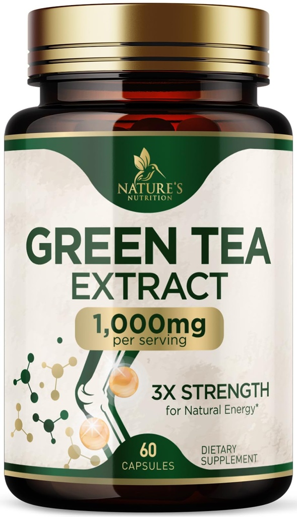 Green Tea Extract Cápsulas 1000 mg - Standardized 45% EGCG & 98% Polifenóis - 3X Força Green Tea Pills para Energia Natural - Suporta saúde do coração, Suplemento de ervas, Vegan, Não-GMO - 60 Cápsulas