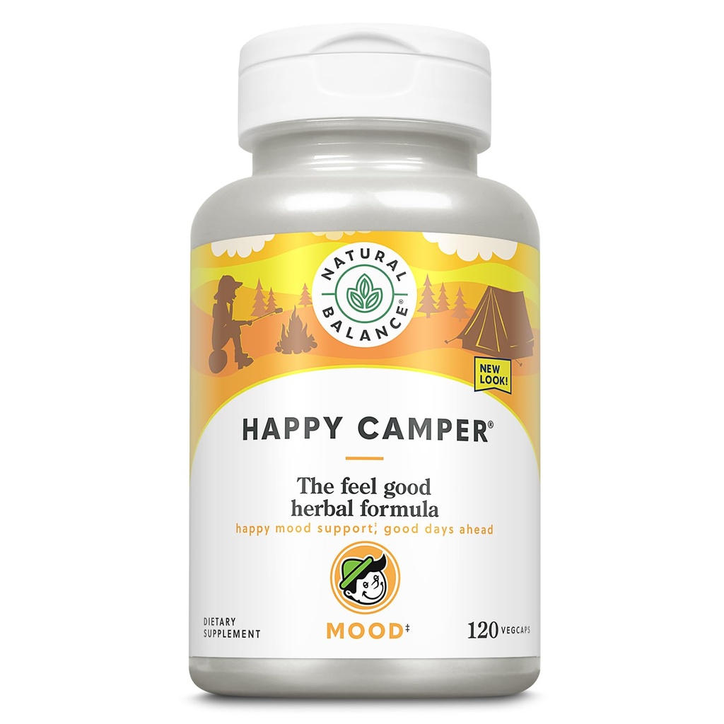 Equilíbrio natural Camper feliz - Feel-Good Mood Support Supplement - Gotu Kola, Passion Flower, e Kava Kava Cápsulas - 60 dias de garantia (120 contagem)
