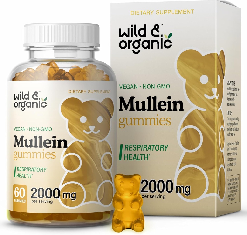 Gummies de mullein selvagens e orgânicos para pulmões 2000mg - Detox e limpeza de pulmão - Gummies de folhas de mullein Vegan para suporte imunológico - 60 Mastigações de extrato de ervas não-GMO