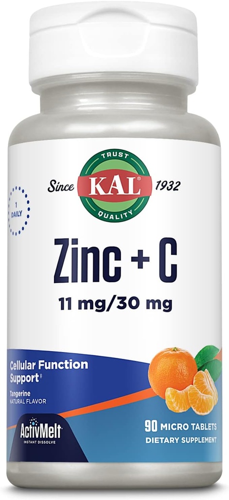 KAL Zinc Plus C, Dissolver imediatamente Vitamina C e Zinco, Função Celular e Suporte Imune, Absorção Optimal, Sabor natural de Tangerina, 60 dias de garantia de devolução de dinheiro, 90 Servings, 90 Micro Tablets