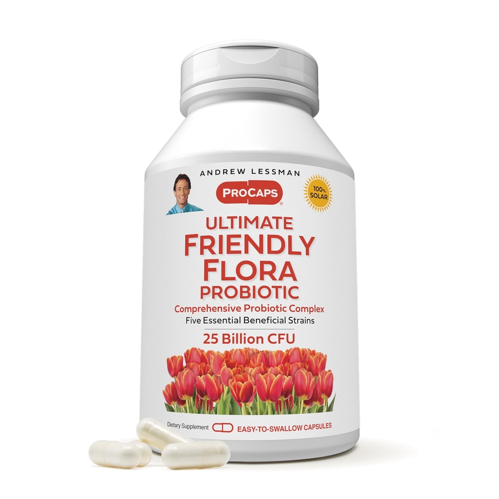 ANDREW LESSMAN Ultimate Friendly Flora Probiótico 60 Cápsulas - 25 Bilhões UFC, Mistura abrangente de Cinco Deformação Probiótica, Imune Poderoso e Suporte Digestivo. Probióticos para Mulheres ou Homens