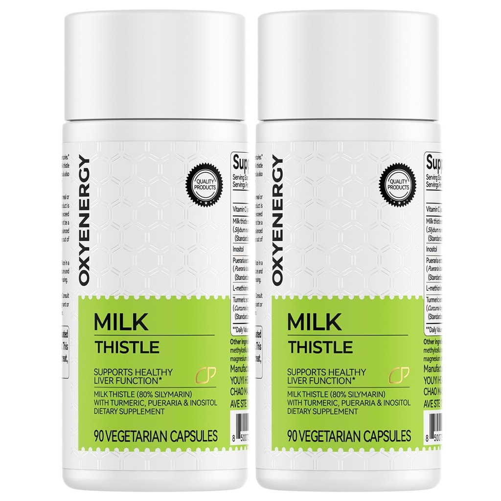 OxyEnergy Silymarin Milk Thistle 300mg Extrato com Vitamina C, Inositol & Pueraria, Detox de fígado e suporte de reparo, Suporte antioxidante, 90 Cápsulas, Pacote de 2
