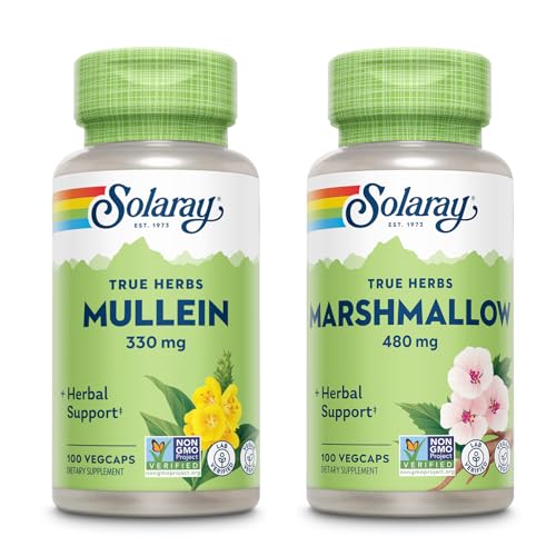 SOLARAY Mullein Leaf 330 mg e Marshmallow Root 480 mg - Wellness Bundle - Herbs Alto em Mucilage Fibra Solúvel para Apoio calmante - Vegan, Não-GMO, Lab Verificado, Garantia de 60 dias, 200/100 VegCaps