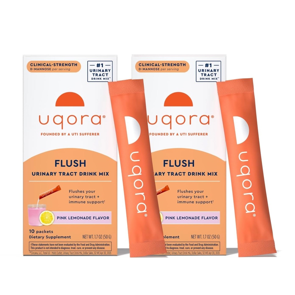 Uqora Flush - Trato urinário* com D-Mannose, Vitamina C, Vitamina B6, Potássio, Magnésio e Cálcio - Gluten-Free & Vegan - Rosa sabor limonada - 20 pacotes (2 pacote)