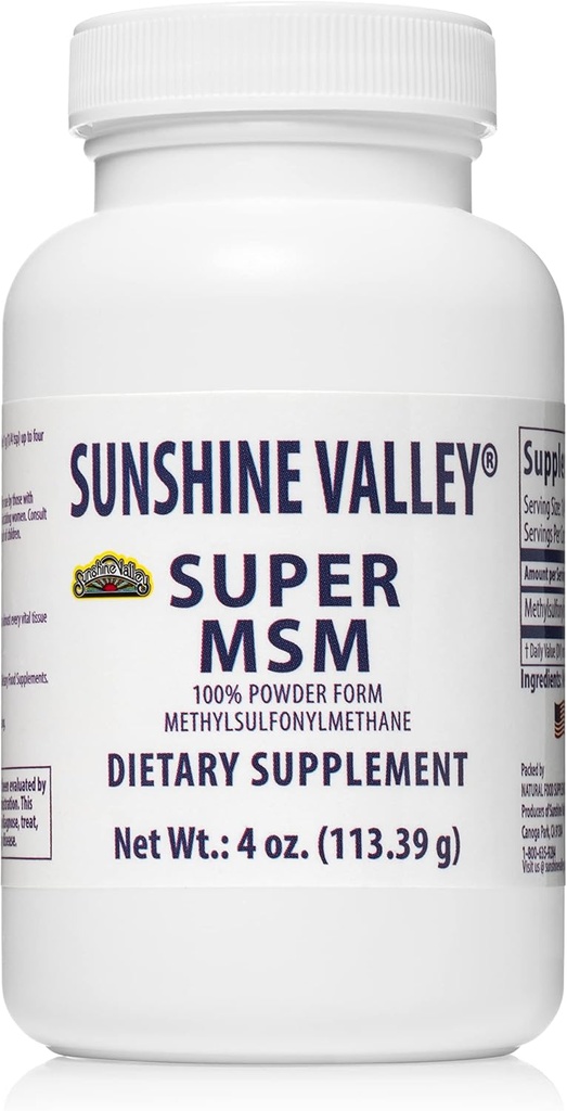 Sunshine Valley® Super HSH Supplement - Metilsulfonilmetano Cristais MSM Pó para apoio conjunto, unhas, cabelo e saúde da pele - 100% puro em pó, sem sabor, Suplemento dietético - 4 onças