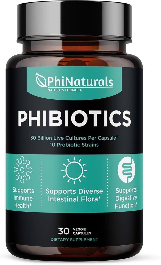 PhiNaturals High Potence Probióticos 10 Strains 30 Bilhões UFCs [30 Cápsulas Vegan] para Mulheres e Homens Gut Digestive Saúde - Lactobacillus Acidophilus Salivarius Rhamnosus Bifidobacterium Probioticos