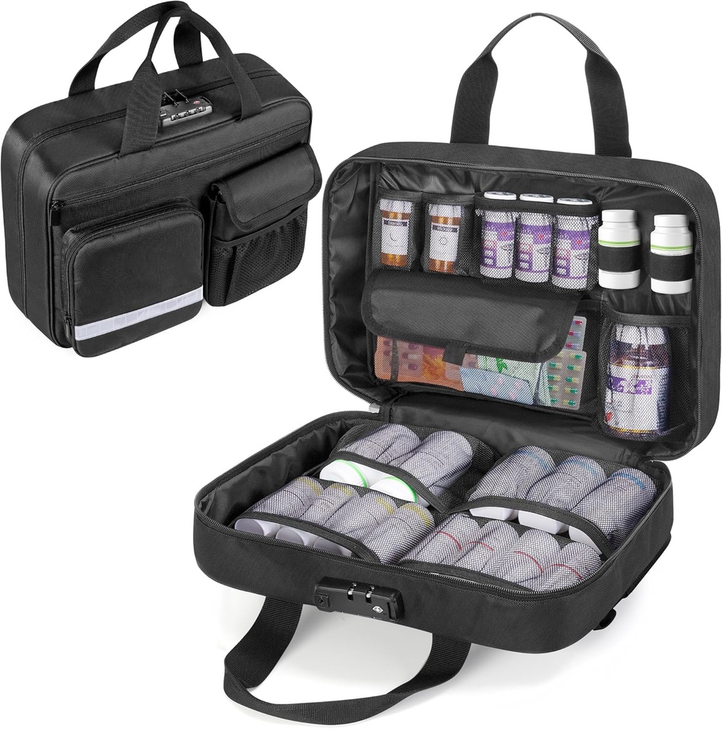 Damero Locking Garrafa Organizer, Medicina armazenamento saco medicamento Organizador caso transporte viagem para grandes garrafas de pílula, medicamentos e suprimentos médicos, Preto