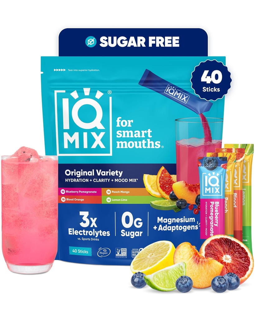 IQMIX Hydration Electrolyte Powder – Fórmula 4-em-1 para hidratação, clareza mental, humor e recuperação – Mistura de bebida sem açúcar, Keto, Magnésio L-treonato, Mane Leão – 40 Count Variety Pack
