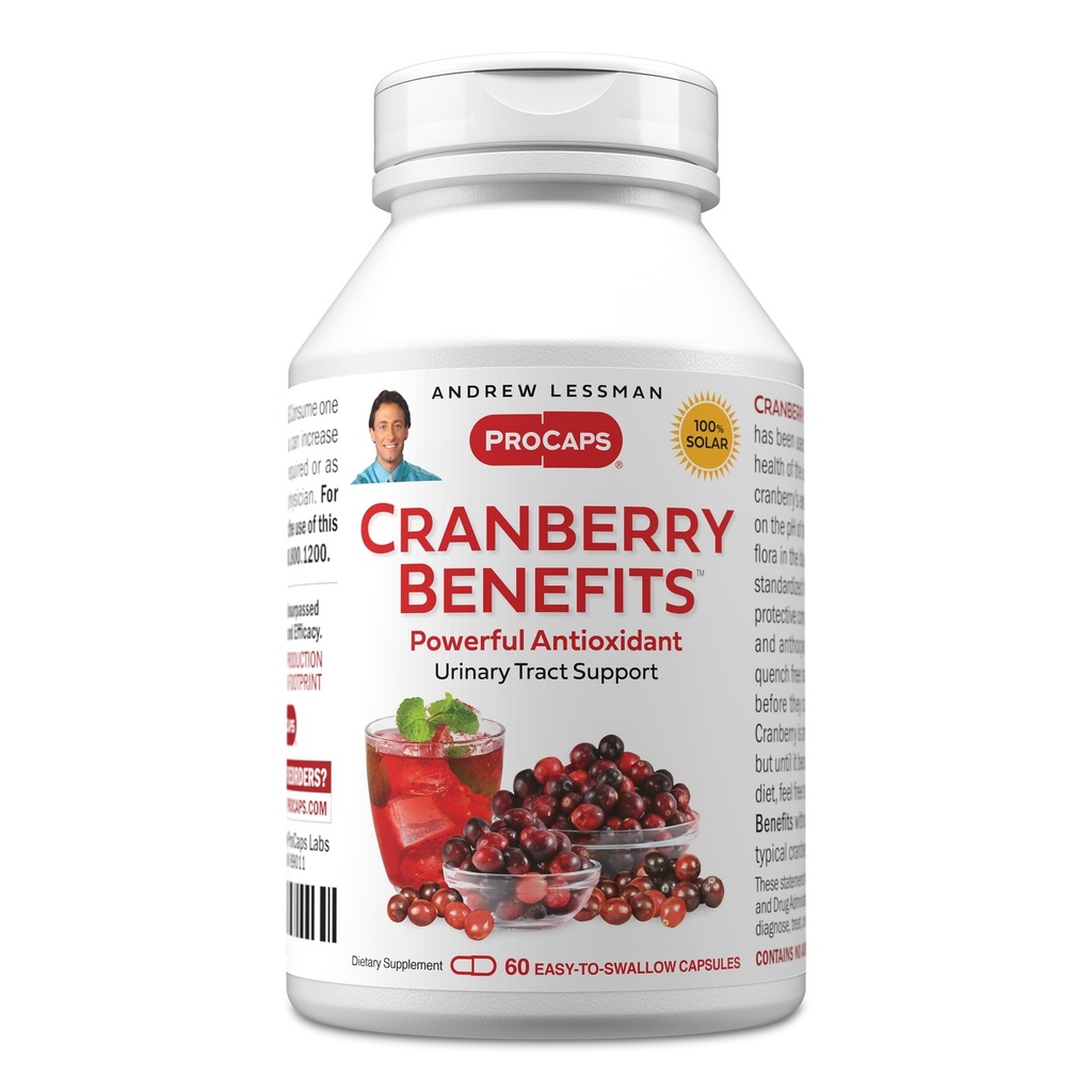Benefícios ANDREW LESSMAN Cranberry - 60 Cápsulas - Suporta Bexiga, Rim e Saúde do Trato Urinário. Extratos padronizados de alta potência de frutas de cranberry, pequenas cápsulas fáceis de engolir