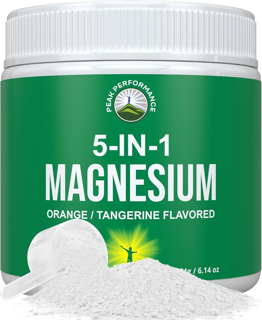 5-em-1 Magnésio pó bebida para mulheres e homens. Glicinato de magnésio + Citrato + Malato + Quelato + Taurate. Grande degustação Vegan Suplemento para relaxamento muscular, Dormir, Cães. Sabor de laranja