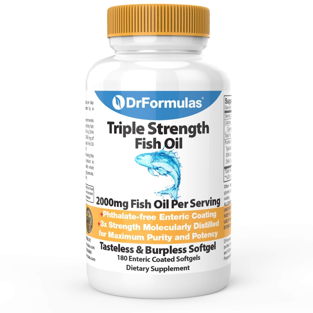 DrFormulas 2000mg Triple Strength Omega 3 Fish Oil com EPA e DHA, 180 Burpless Softgels