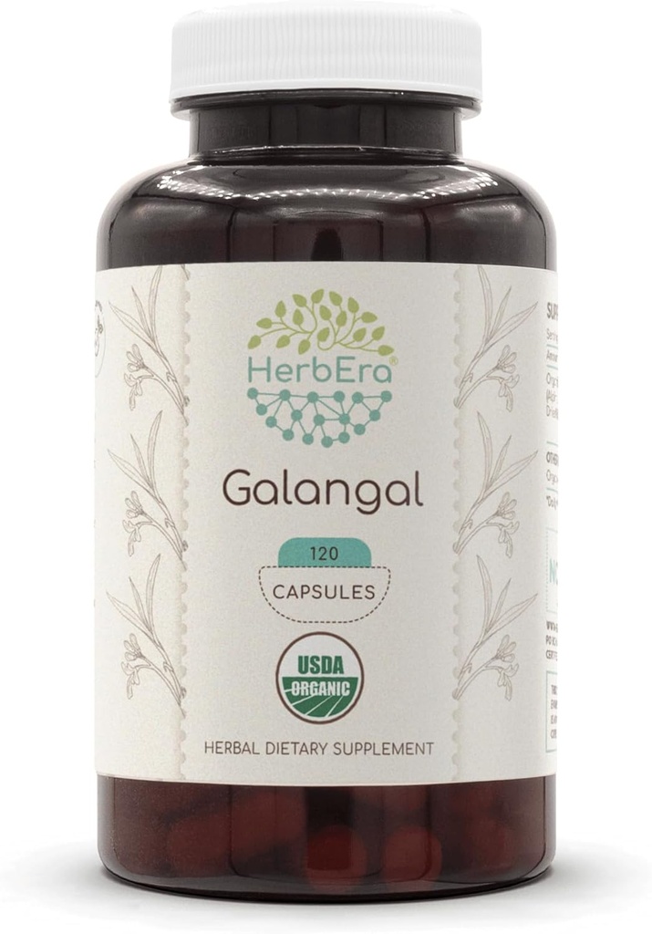 HerbEra Galangal 120 Cápsulas, 500 mg, USDA Organic Galangal (Alpinia Galangal) Raíz Seca (120 Cápsulas)