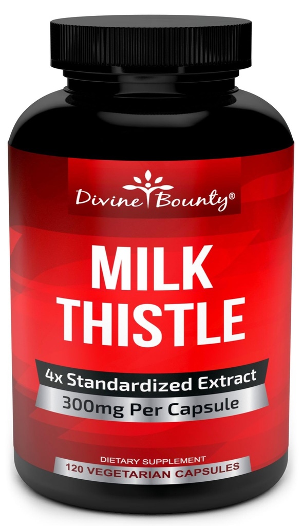 Divine Bounty Pure Milk Thistle Capsules Supplement - A Potent 1200mg Milk Thistle Supplement with 4X Concentrated Extract (Standardized) 120 Cápsulas Vegetarianas