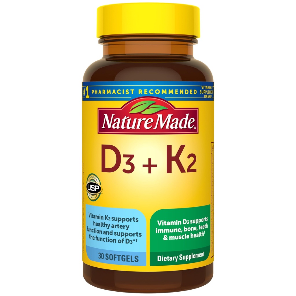 Nature Made Vitamina D3 K2 Suplemento, 5000 UI (125 mcg) Vitamina D para osso, dentes, músculo e Imune Suporte, 30 D3 e K2 Softgels, 30 Dia Fornecimento