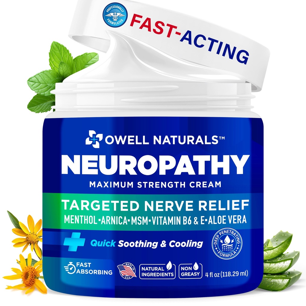 OWELL NATURALS Neuropatia Creme de força extra creme de alívio de nervos para pés, mãos, pernas, dedos dos pés com Arnica, vitamina B6, Aloe Vera, MSM - Made in USA