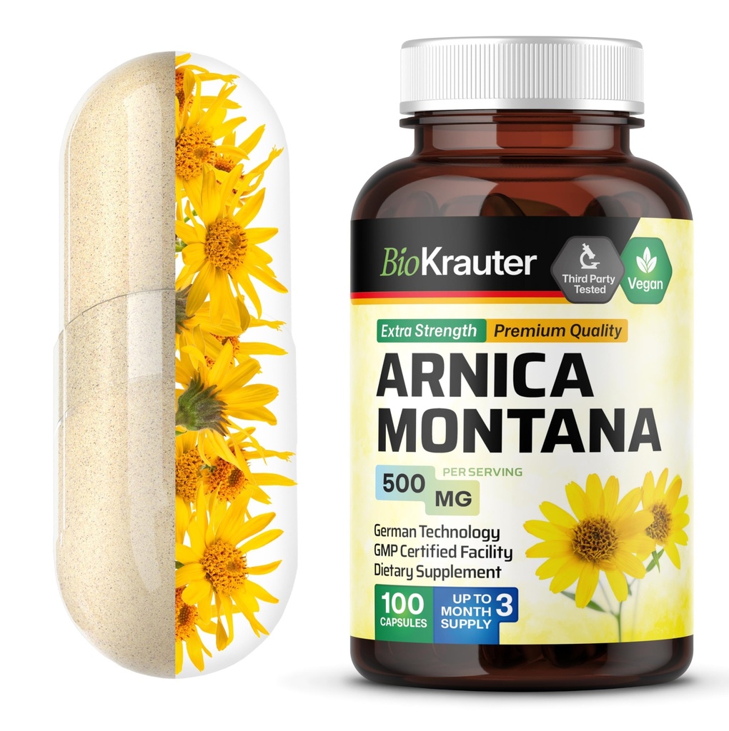 BIO KRAUTER Arnica Montana Cápsulas - 500 mg Arnica Cápsulas para Contusões e Inchaço - Vegan - 100 Contagem