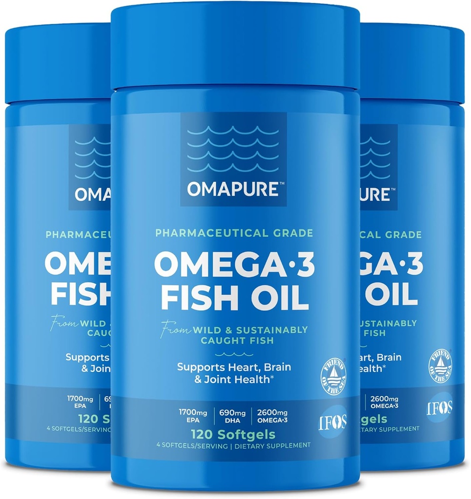 OMAPURE Fish Oil Supplements with Omega 3 Fatty Acids (3 Garrafas, 120 Softgels) - High EPA, DHA, & IFOS Fish Oil Pills Support Heart & Joint Health - Burpless Fish Oil Promove a função cerebral