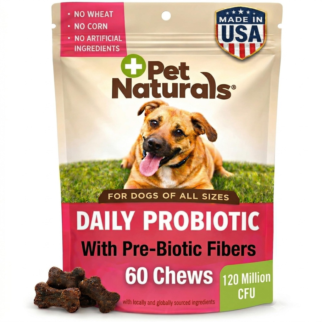 Pet Naturals Probiótico diário para cães, 120M UFCs - Pré e Probióticos para cães Saúde Digestiva, Gut Health, Suporte Imune, Diarréia, Alergias e Coceira - 60 Mastigações, Pato Flavor