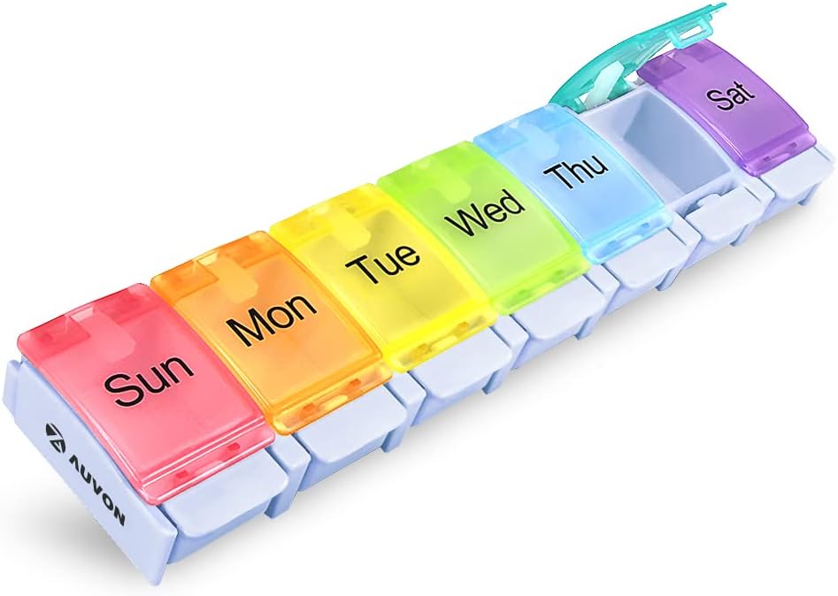 AUVON Weekly Pill Organizer Artrite Friendly, BPA Free Travel 7 Day Pill Box Case com Spring Open Design e grande compartimento para segurar vitaminas, óleo de fígado de bacalhau, suplementos e medicação