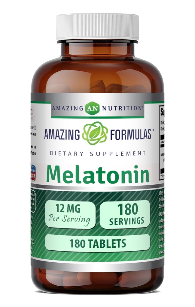 Fórmulas surpreendentes Suplemento de melatonina Não-saborizado 12 Mg por serviço 180 Comprimidos Não-GMO □ Gluten-Free