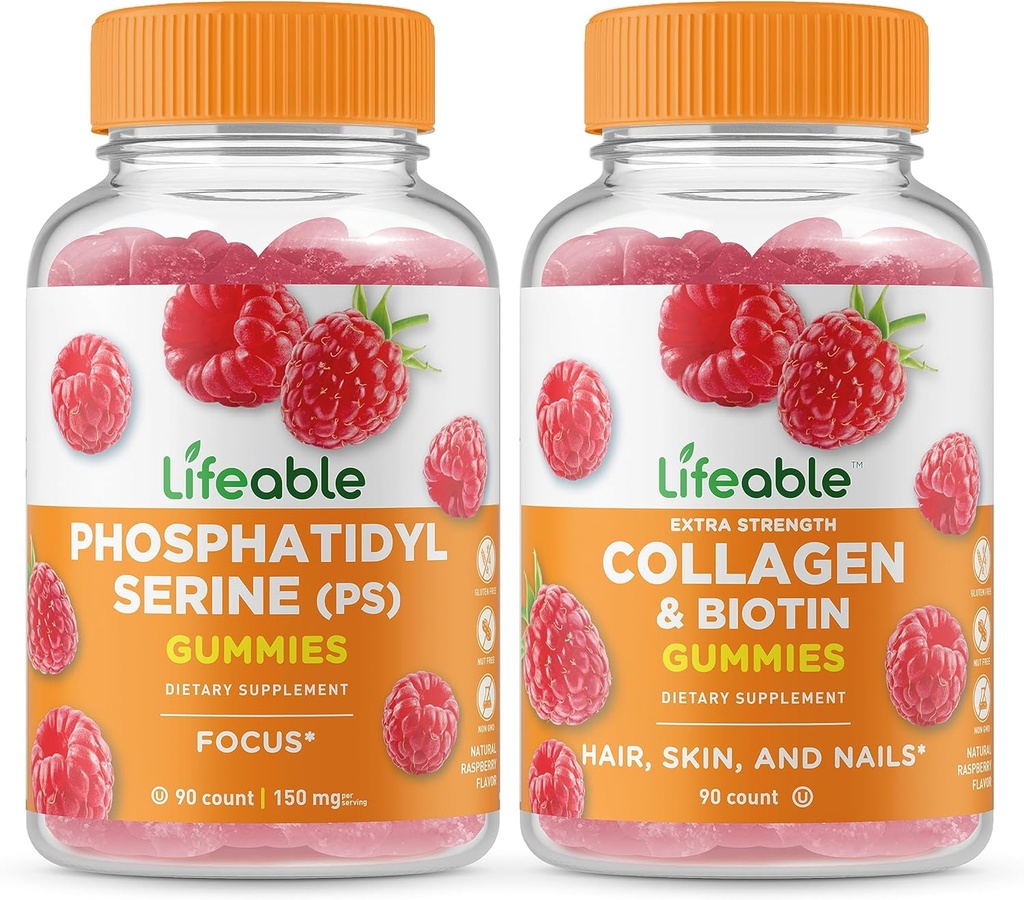 Fosfatidilserina vitalizável (PS) + Colágeno e Biotina, Gummies Bundle - Grande Degustação, Suplemento Vitamina, Gluten Free, GMO Free, Gummy mastigável