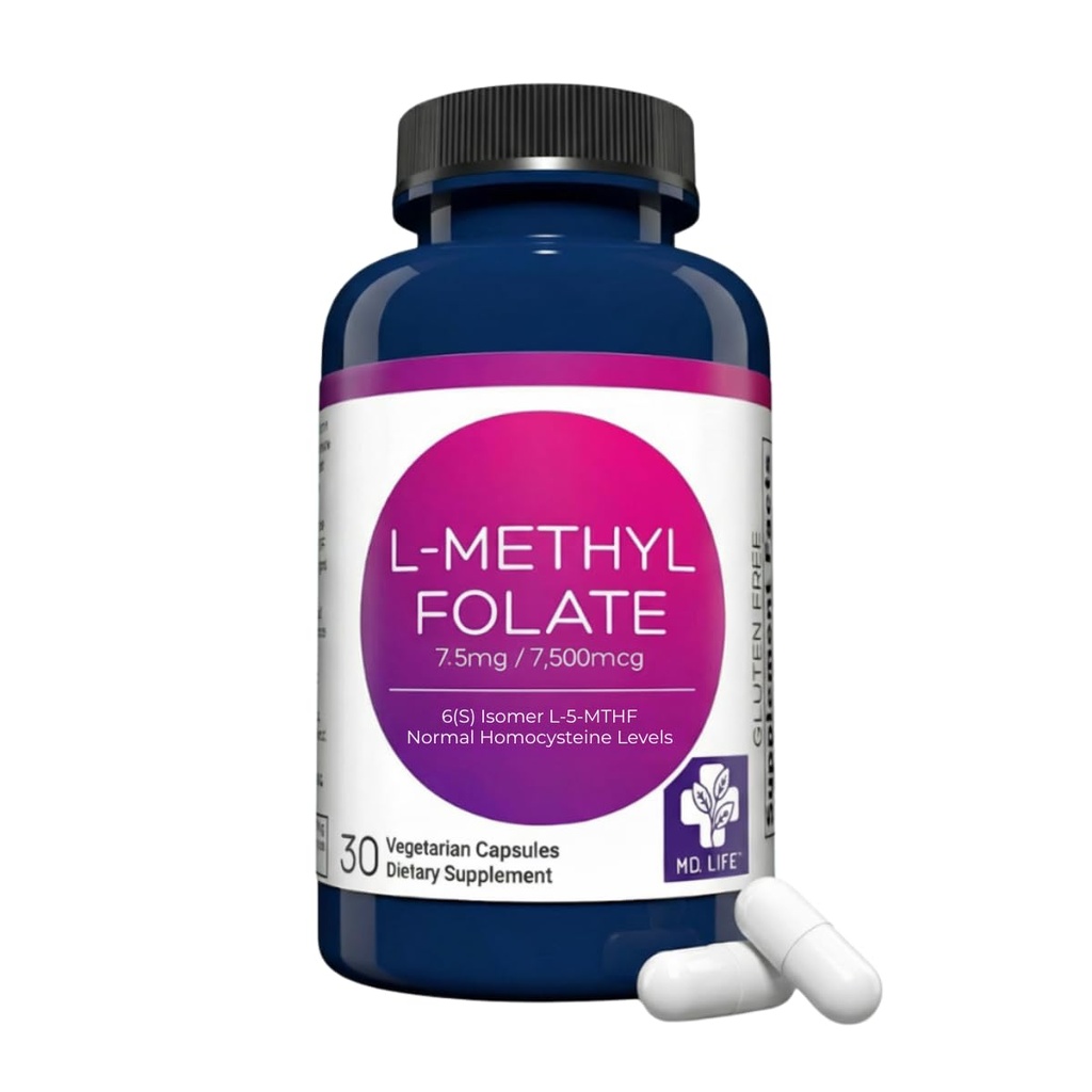 MD Life L-Metilfolato 7,5 mg Suplemento - Professional-Grade Active L Suplemento - 30 Cápsulas - L-Metilfolato 7,5mg - máxima potência MTHFR W / Aminoácidos Essenciais