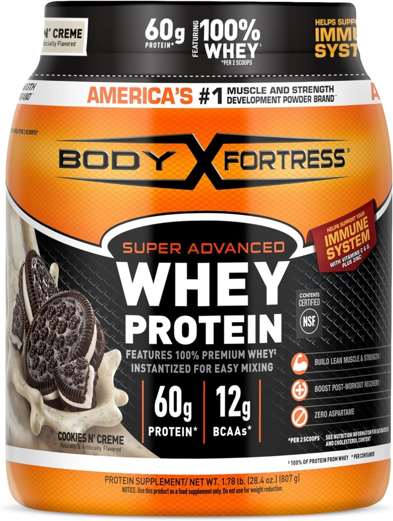 Body Fortress Super avançado Whey Protein Powder, Cookies N’ Creme, 60g Protein & 12g BCAAs por 2 colheres, ganho muscular e recuperação, suporte imunológico com vitaminas C & D, 1,78lbs (Packaging May Vary)