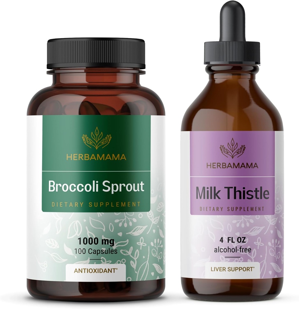 HERBAMAMA Broccoli Sprout e Milk Thistle Kit - pacote de 1000 mg Broccoli Sprout Cápsulas & Leite Thistle Extract 4 fl oz - Vegan, Não-GMO, Açúcar & Álcool - 2 Pack
