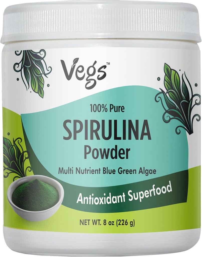 Espirulina orgânica em pó - Azul Verde Algas Mistura de Superalimento Baseada em Planta - Antioxidante-Rich com clorofila, vitaminas e minerais para limpeza, energia e suporte de imunidade - Vegan, Não-GMO - 8 onças