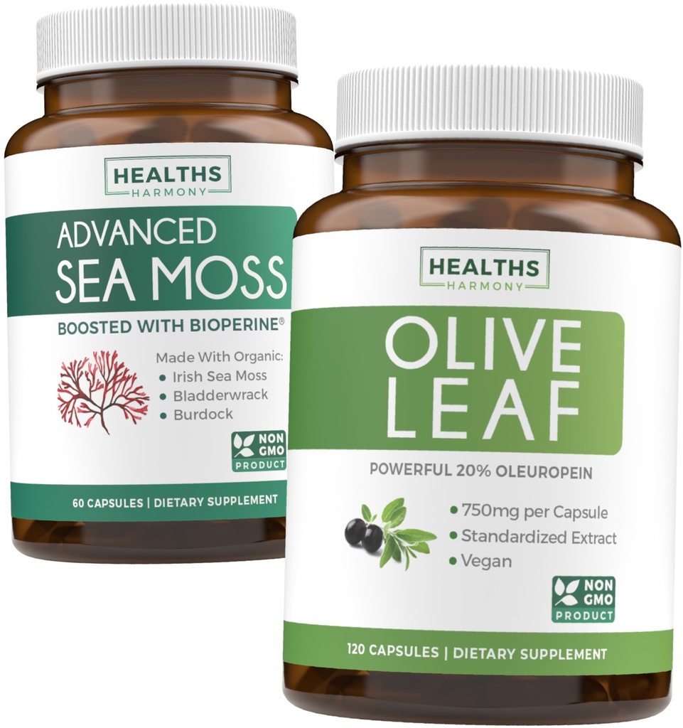 Sea Moss & Olive Leaf Extract (1-fornecimento de mês) Olive Moss Blend - Orgânico Irish Sea Moss - Cru Vegan Suplemento (60 Caps) & Olive Leaf Extract Super Força: 20% Oleuropein - Vegetarian (120 Caps)